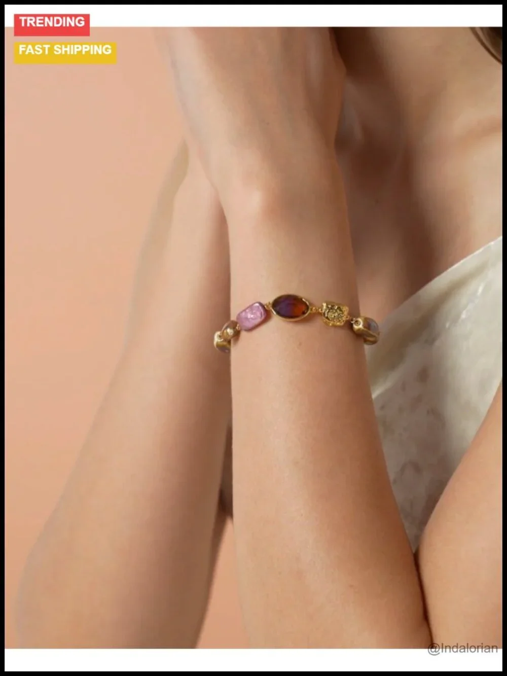 Gold Plated Beaded Bracelet Adjustable Pearl Shell Turquoise Gemstone